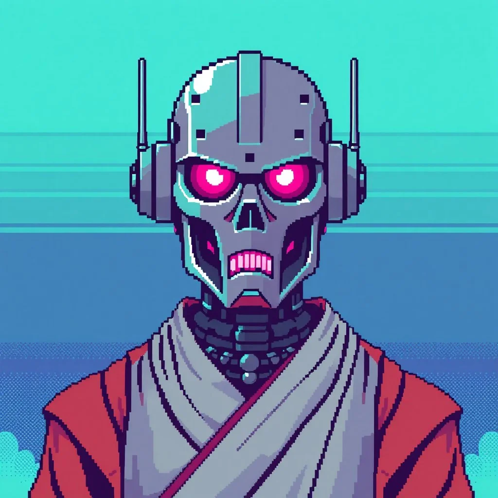 8 bit pixelart of a terminator like robot, synthwave colored, vaporware, budist monk robe