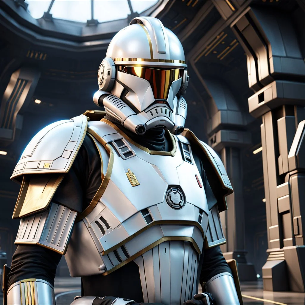 star wars bald male corellian pilot wearing pearlescent black and gunmetal grey First Order special forces heavy assault stealth commando armor and helmet with gold trim inside the jedi temple, hyperdetailed, dynamic lighting, hyperdetailed background, 8k resolution, volumetric lighting, light skin, fully symmetric details