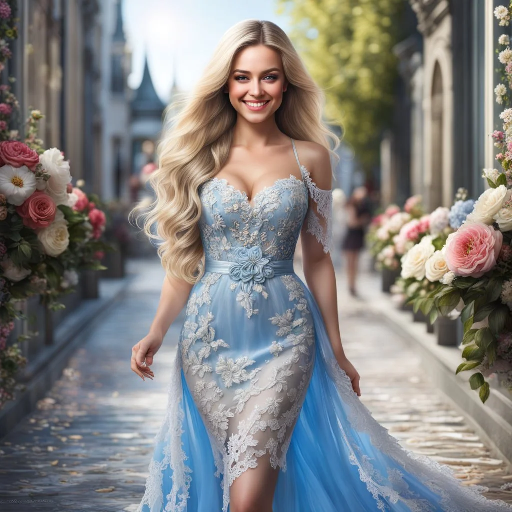 (best quality, 4k, 8k, highres, masterpiece:1.2), ultra-detailed, (realistic, photorealistic, photo-realistic:1.37),hyper realistic, full body gorgeous smiling 1woman,long hair,looking at viewer,realistic proportions,blue eyes,hair ornament,transparent lace dress,very long hair,flower,blonde hair,parted lips,necklace,white dress,blonde hair,lips,joyful pastel background,freckles,realistic,head wreath, pink flower,realistic portrait, dreamy fantasy landscape countryside,great pespective,crystal