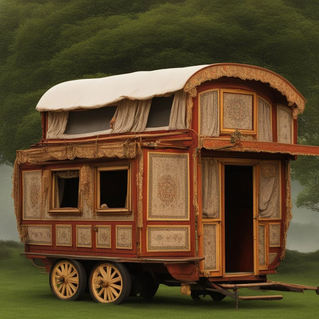 Old fashioned gypsy wagon decorated, curtains fluttering in the wind,