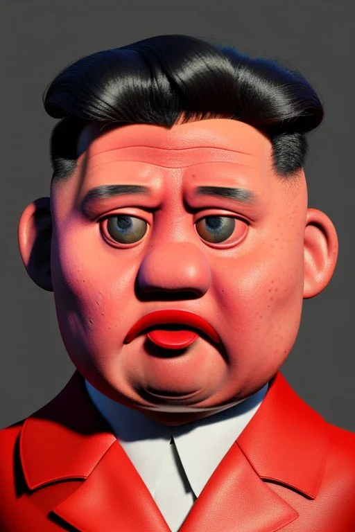 Waist up muppet Portrait, Kim Jong-un muppet doll, black suit, photo studio, red background, unreal engine 5, concept art, art station, ray tracing, lumen lighting, ultra detail, volumetric lighting, 3d.