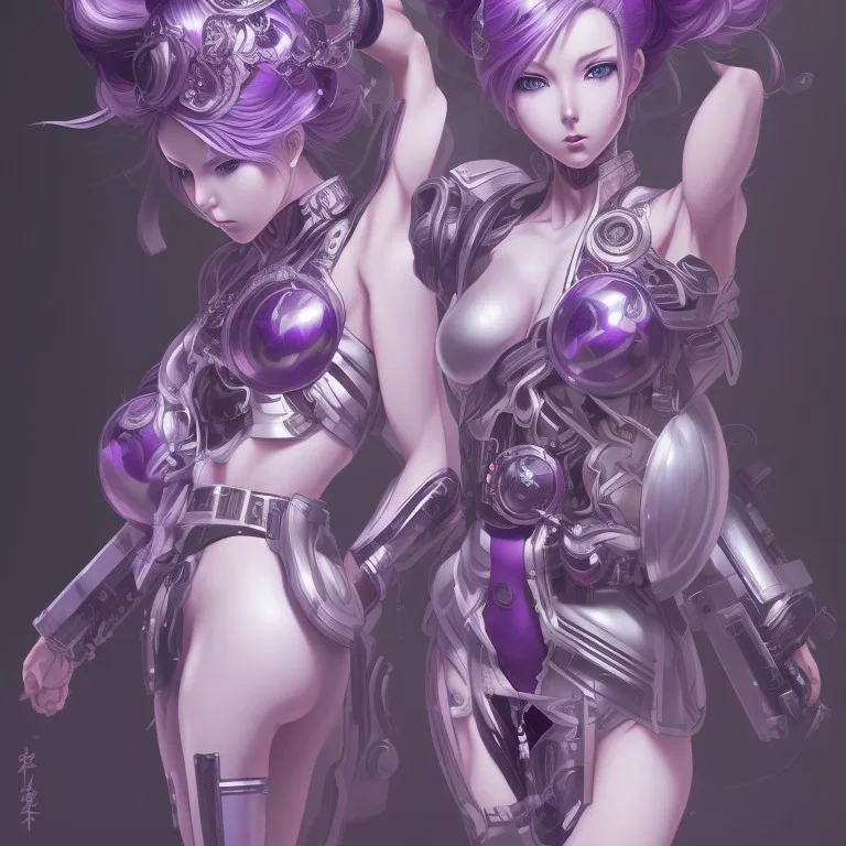 Detailed cute anime Kunoichi girl, purple hair buns, purple bangs, black latex bodysuit, intricate details, full body portrait, keep head in frame, slight smile, black Japanese motif, concept art, highly detailed, digital painting, concept art, sharp focus, illustration, art by Yoji Shinkawa, WLOP and greg rutkowski and alphonse mucha and artgerm and yanjun Chen and Junji ito and Makoto Shinkai, HDR, octane render