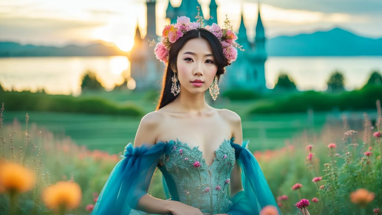 A gorgeous Asian model in a fairy outfit in a field of flowers at sunset a crystal castle at background