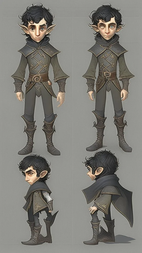 turnaround character of a boy elf, he has curly, black hair and sharp cheekbones. His eyes are black. pale skin. He wears fantasy medieval clothes. full body with boots