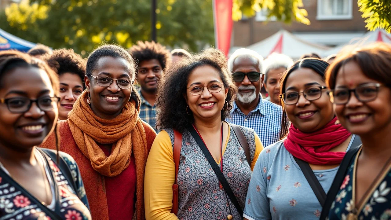 Nikon D850 with Nikkor 24-70mm f/2.8 lens at f/5.6: [18 volunteers from diverse ethnic backgrounds, including Cockney, Jewish, Asian, Polish, Scottish, Black, Chinese, Indian, and Japanese, gathered together at a vibrant multicultural festival in Wandsworth, London], [warm sunlight casts a gentle glow on the scene, with subtle shadows accentuating the textures and colors of the clothing and surroundings], creating [a sense of unity and celebration]. Eye-level perspective, depth of field