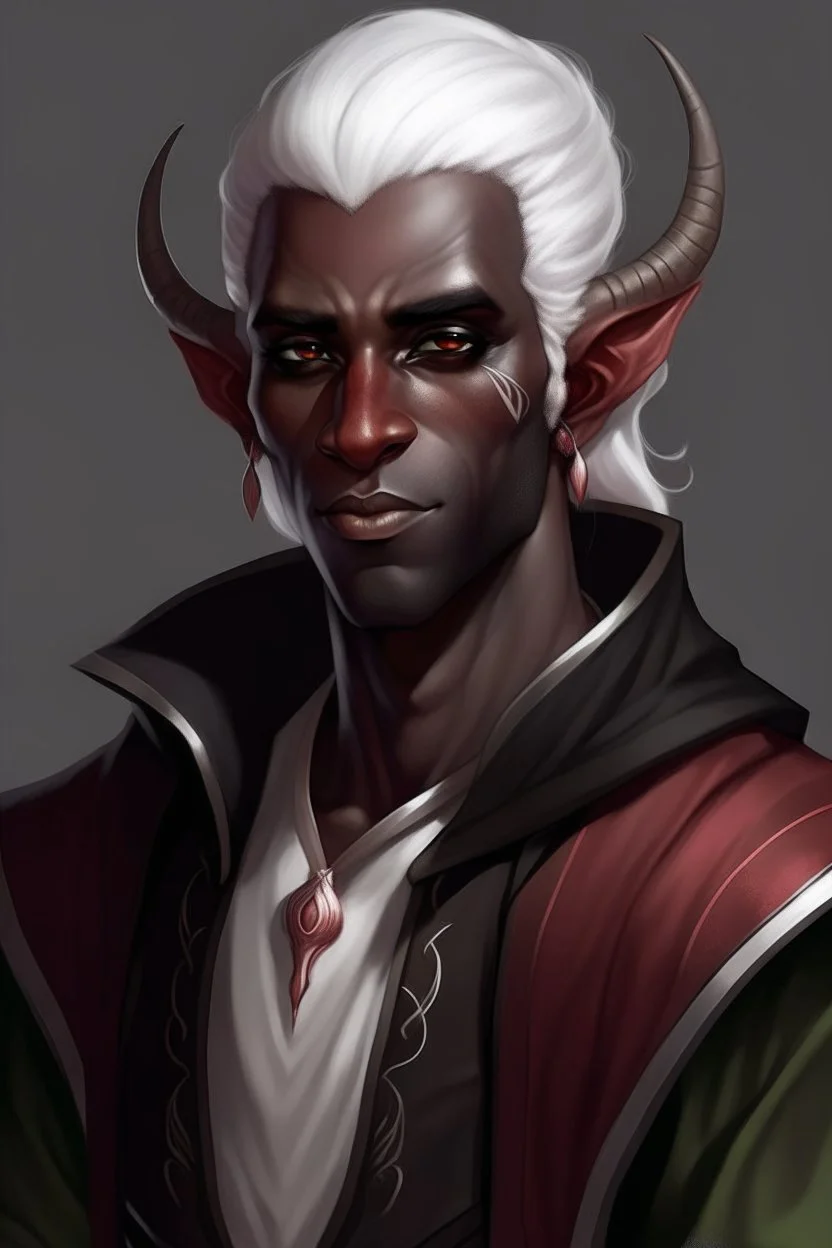 male tiefling dark skin with white hair and white eyes rogue