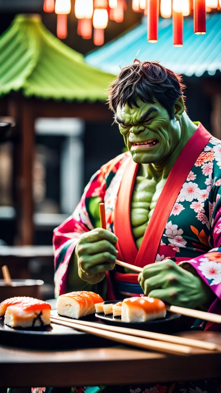 a hulk eating sushi with chopsticks, wearing a colorful kimono, moody good lighting, best quality, xt3, outdoor, beautiful light, raw photo, 8K UHD