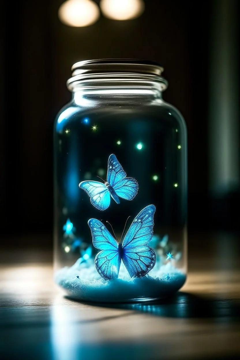 A light blue butterfly in a jar of stars