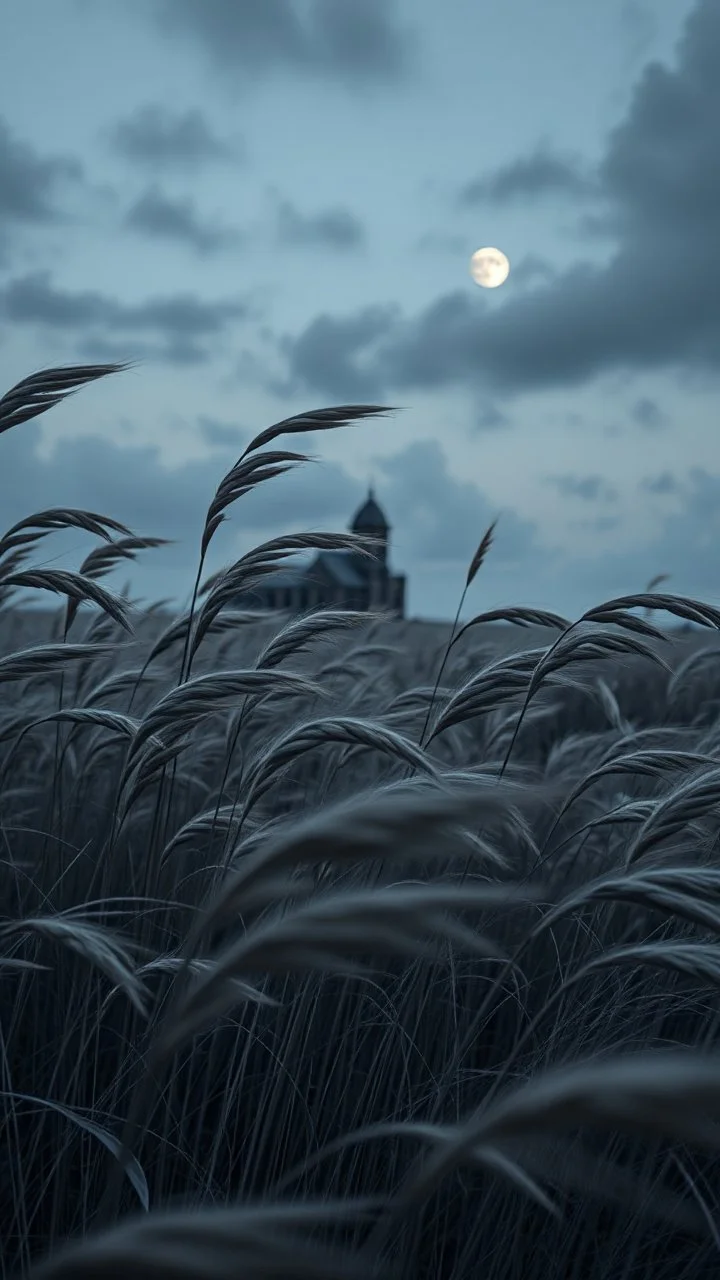 Windblown grass with winds with clouds and moon in the background, high quality picture 8k, beautiful cinematic lighting and all gray colors , dark old building in the background in a far distance