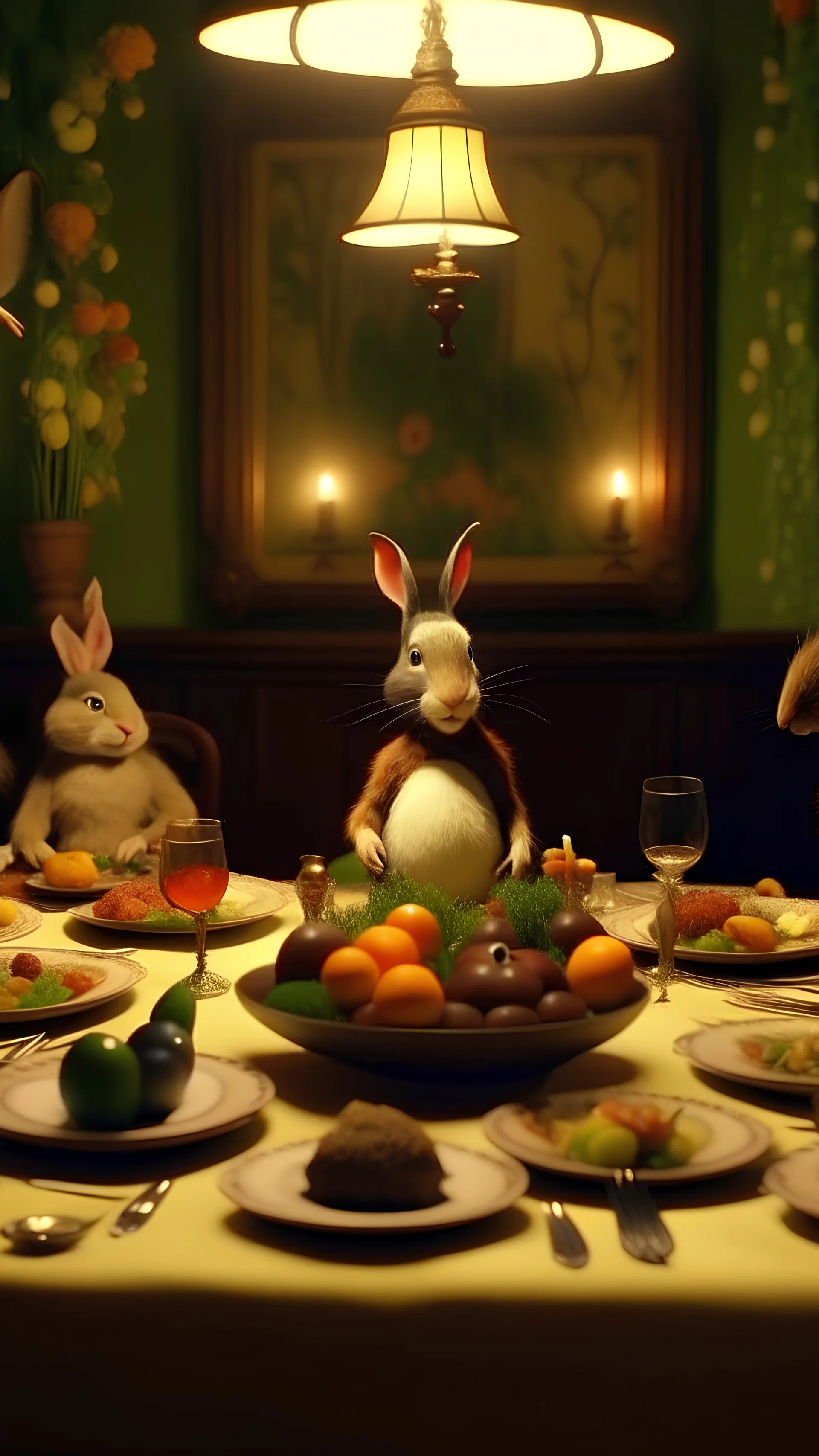 frame from a Wes Anderson film, full shot of the rabbit family at a sober celebration dinner in the Garden of Earthly Delights, small electric light bulbs on the table, birds on the table, grapes hanging, elegant and perfect composition