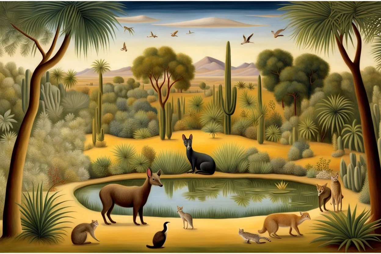 A desert oasis with animals by artist "Henri Rousseau",by artist "Beatrix Potter"