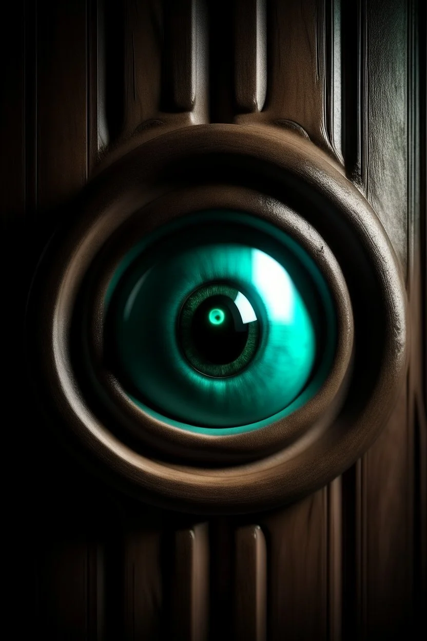 A vampire with turquoise eyes looks through the peephole of the door