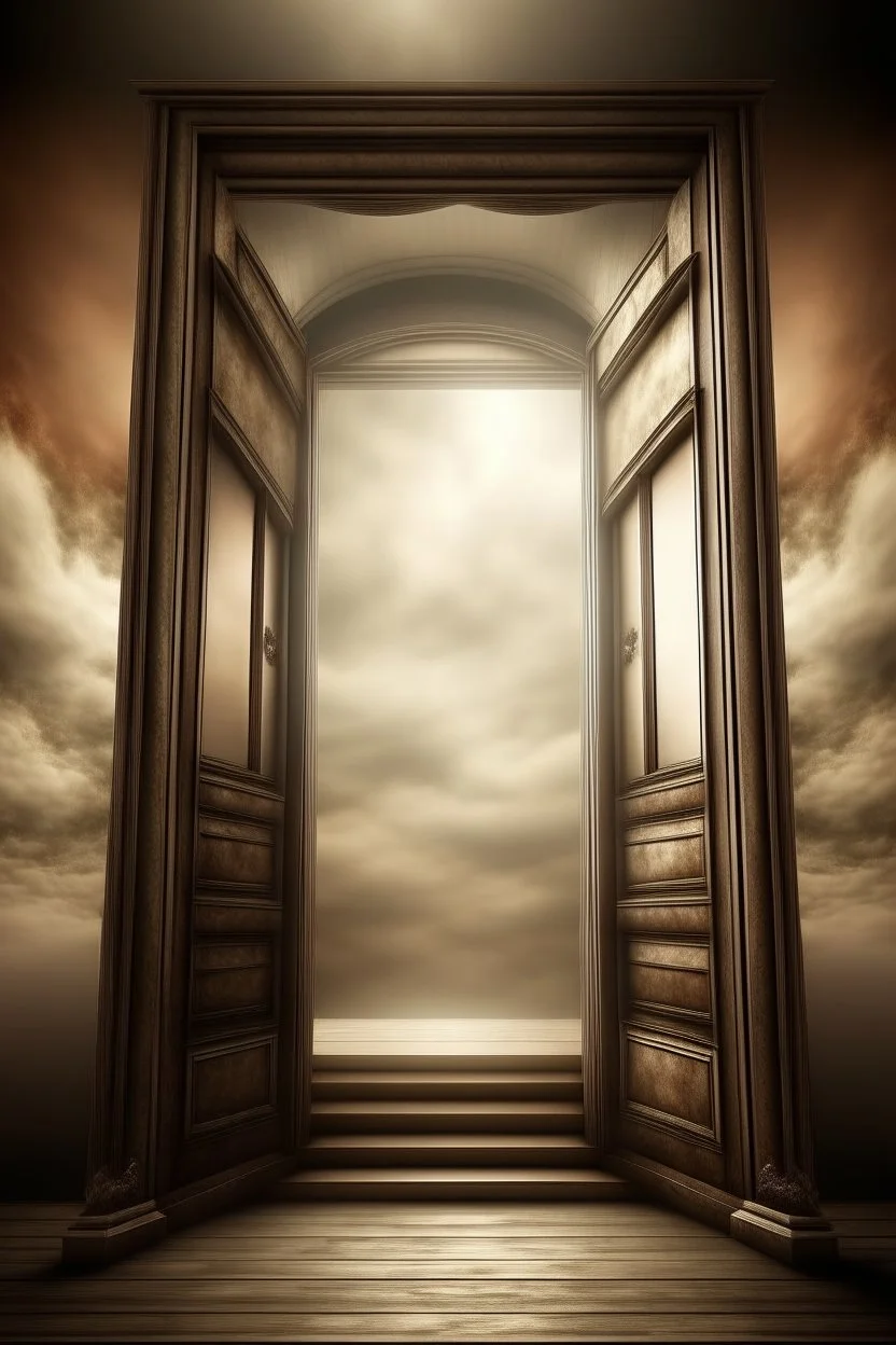 magic doorways. behind first door glass glossy staircase made of clouds leads up to the heaven. behind second door staircase made of stone leads down to the hell