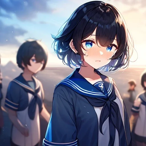 Clear focus,High resolution, Black short fluffy hair, and blue eyes, wearing a sailor uiform, on a deserted island, crying