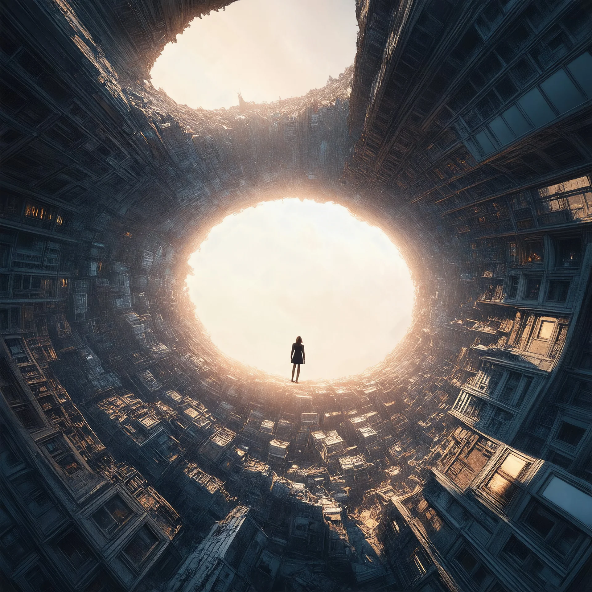 A cinematic, hyper-realistic digital artwork of a spiraling cityscape collapsing inward into an enormous circular chasm at its center. The city is filled with towering skyscrapers, each with glistening windows and bustling rooftops. The buildings curve downward as if drawn into the abyss. At the center of the chasm stands a lone figure, silhouetted against the glowing golden light emanating from deep within the pit. The sunlight cascades across the buildings, casting dramatic shadows and vibrant