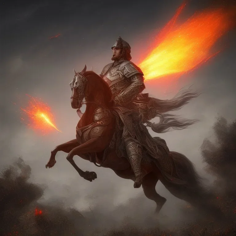 Meteorite falling in the sky. Bulgarian rider warrior. Vast grass planes. Shiny bright papper scroll. Weapon. Sharp. Damascus steel. Black. Technical details. Red. Doom dark. Fire.