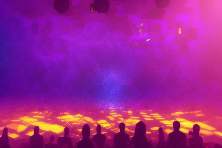 looking from above at An orchestra playing on stage purple and orange color scheme, high key lighting, volumetric light high details psychedelic background