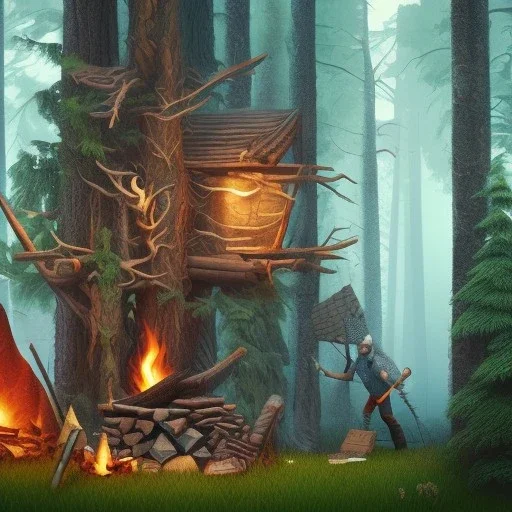 forest, campfire, wall made of wood, a man running with a pick-axe, all in cartoony stile