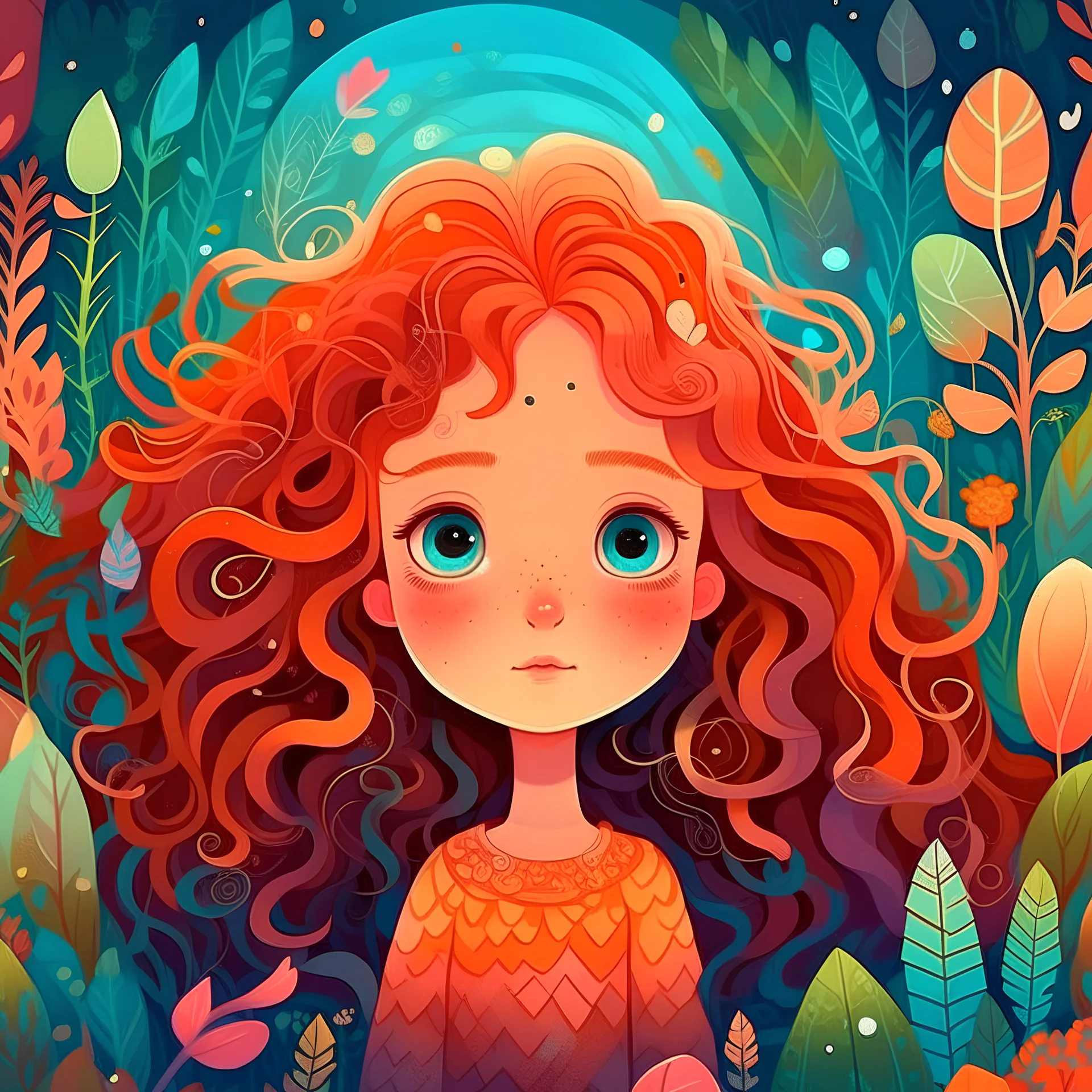 A cute, whimsical girl with big glowing eyes and flowing, wavy hair, standing in a surreal garden filled with imaginative, abstract plants and playful colors. The scene has a dreamy, otherworldly vibe, blending elements of fantasy and charm, illustrated in an artistic, quirky digital style that’s both strange and endearing