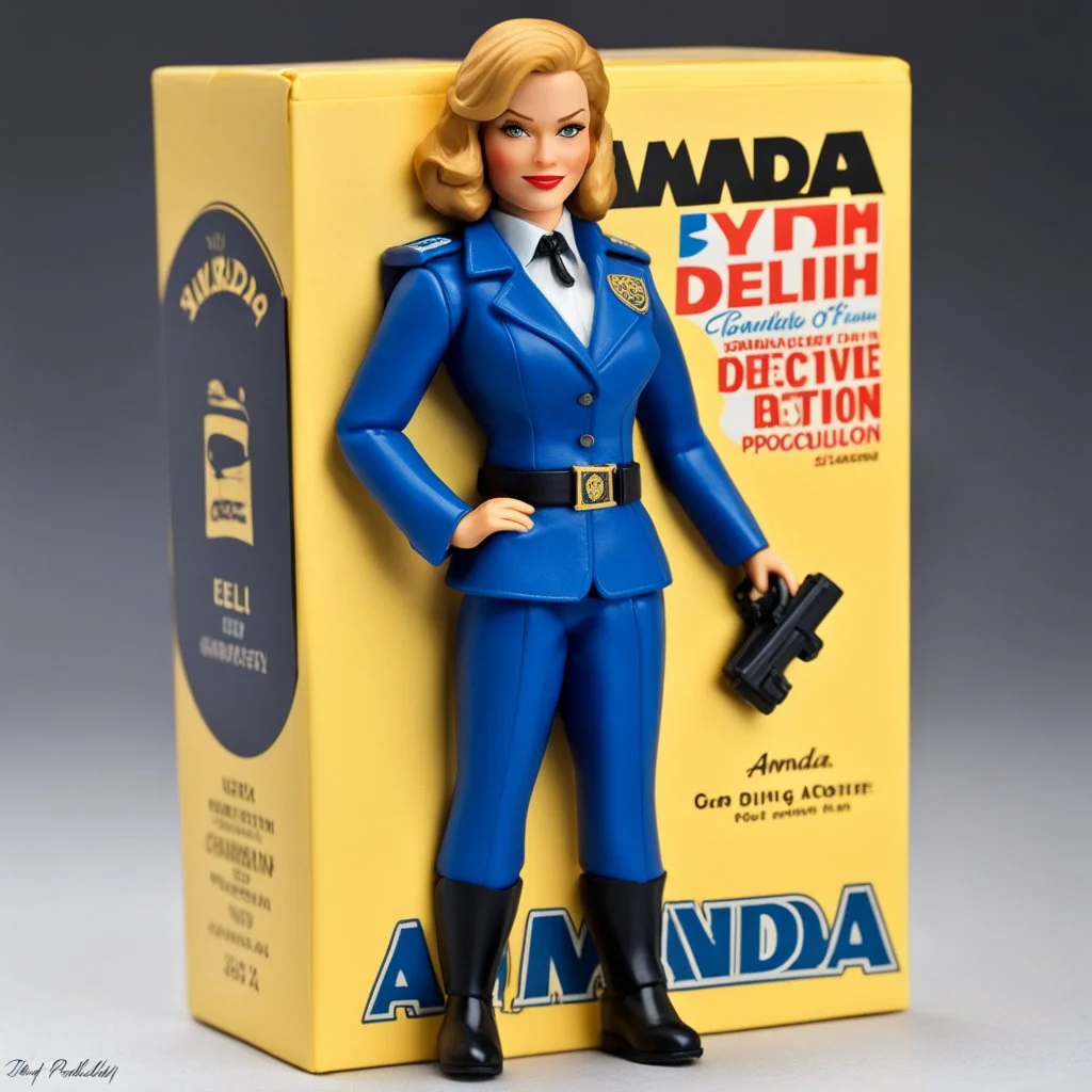 A photograph of a pristine action figure encased in its packaging, evoking a sense of collectible wonder, styled after a vintage toy advertisement. The box prominently displays "Amanda" in bold, stylized lettering, with the action figure inside clearly resembling Kelli Giddish as NYPD detective/sergeant Amanda Rollins, possessing his iconic features confidently with a badge