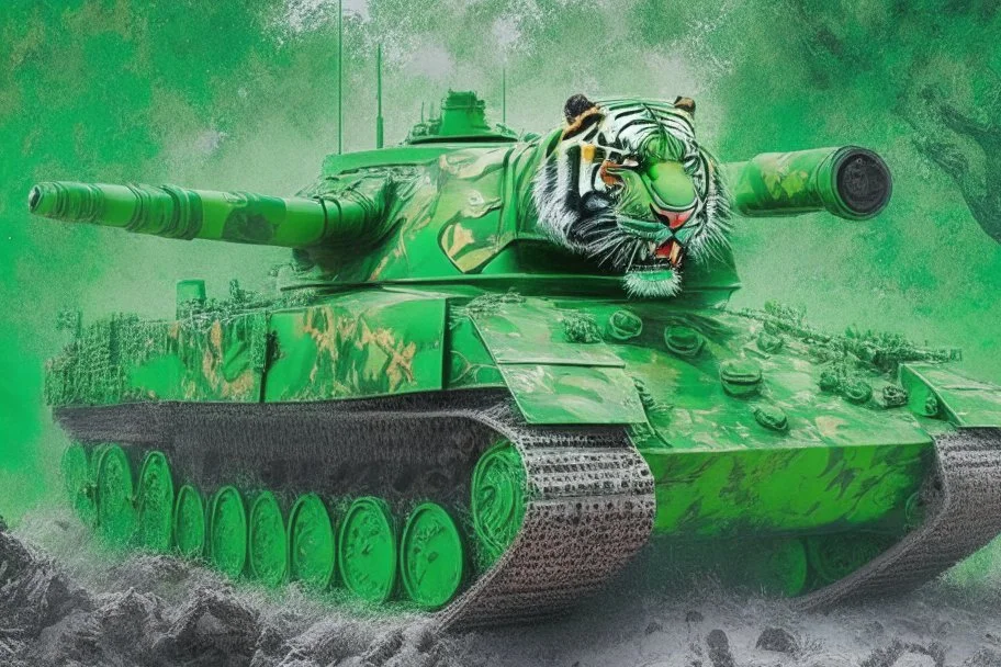 masterpiece, high detail, best quality, Tiger Tank, green paint, comic style
