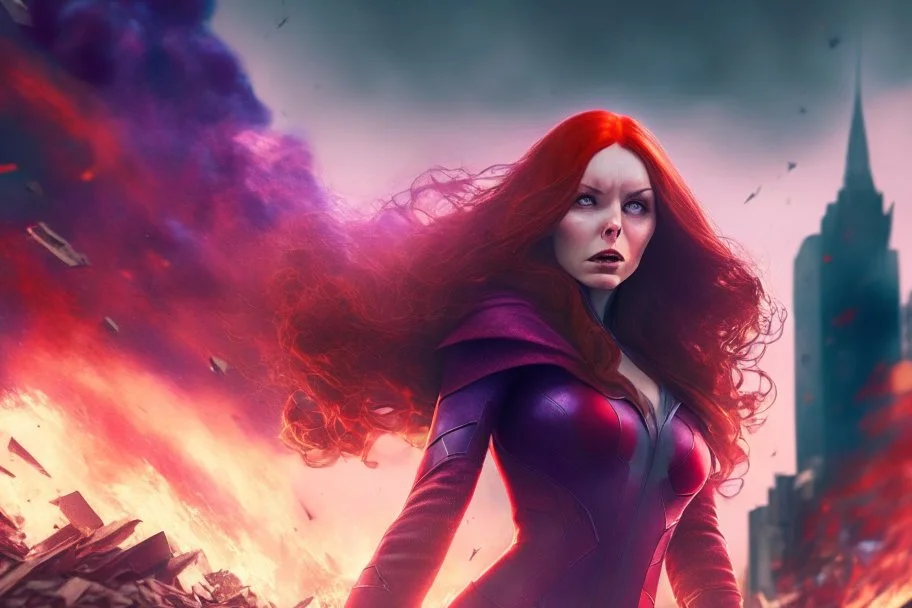 Wanda Maximoff, mulher, cabelos ruivos, olhos vermelhos, corpo inteiro, fundo cidade destruída, cores brilhantes, de lado destruindo algo com sua magia vermelha, traje da feiticeira escarlate, dramatico, 4k render, imagem cinematográfica. Cores frias,