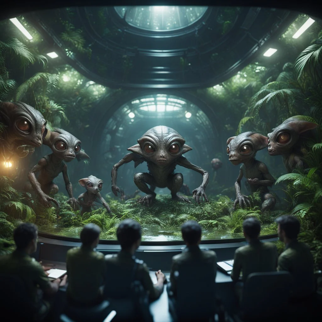 a video conference on video screen with multiple alien gremlins held by a scientist in dark lit reflective wet jungle metallic hall dome hotel tunnel, in the style of a fallout 4,bokeh like f/0.8, tilt-shift lens 8k, high detail, smooth render, down-light, unreal engine, prize winning