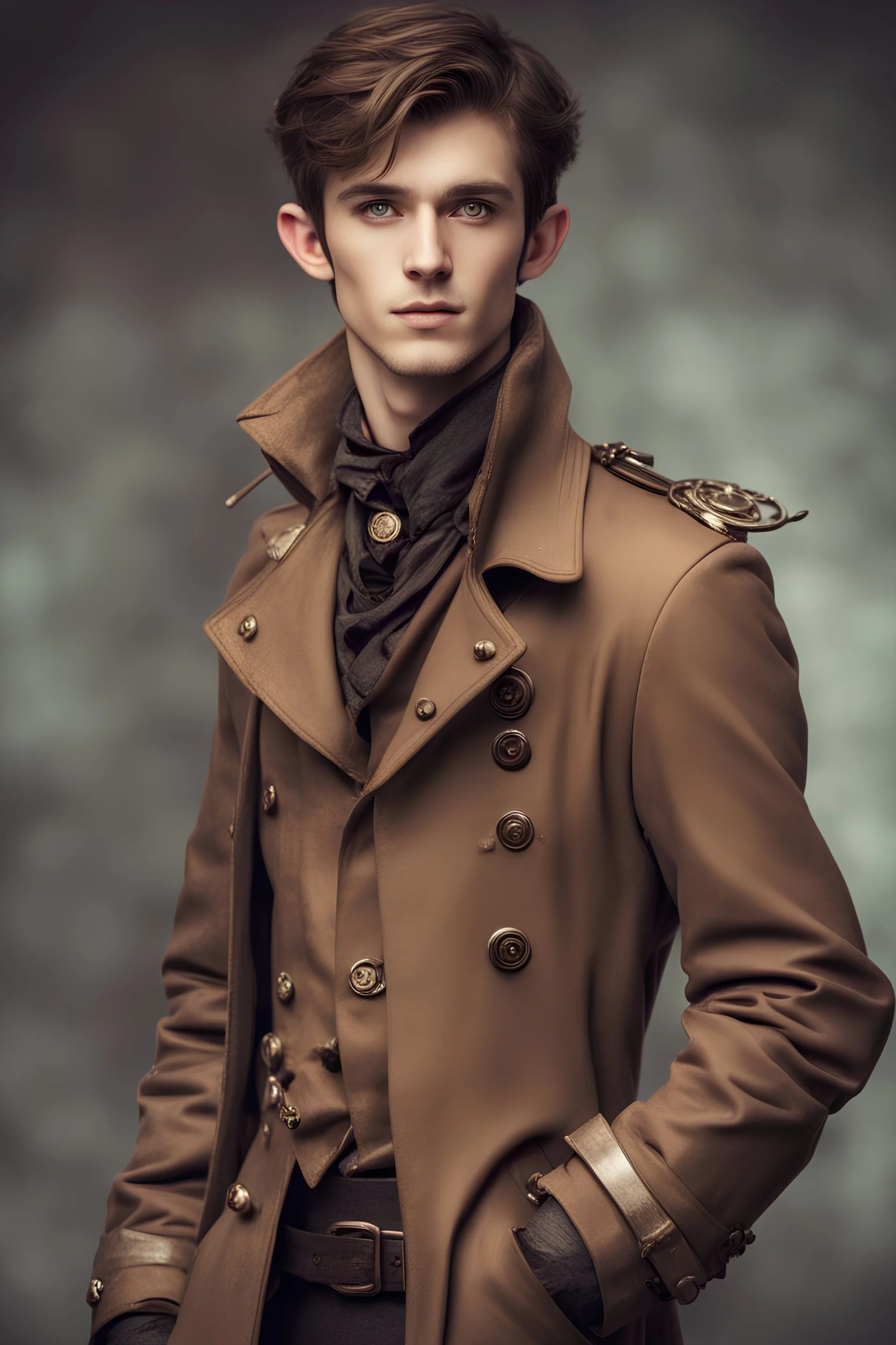 handsome elf man of twenty years old, with brown eyes, short brown hair, dressed in a steampunk style trench coat.