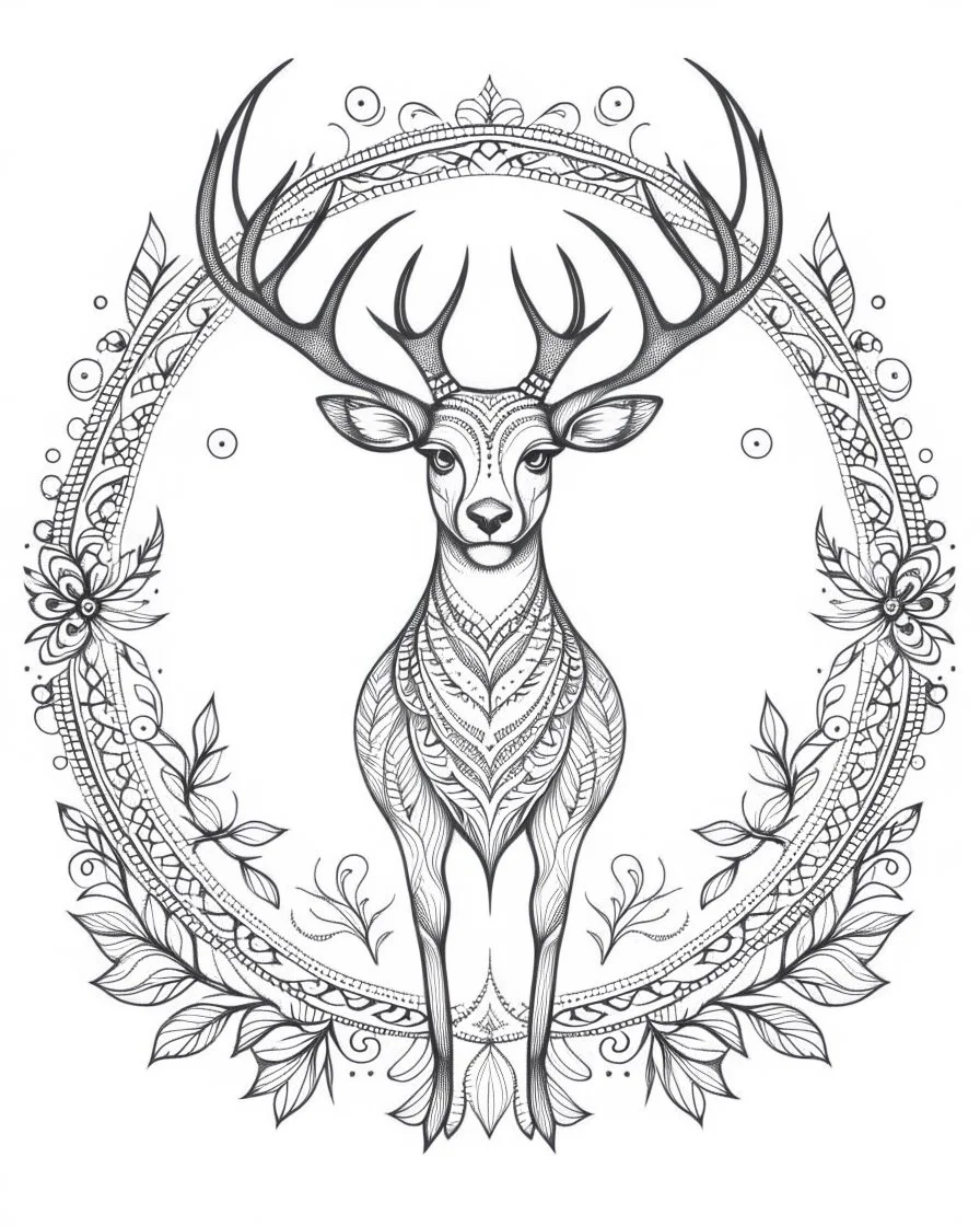 Imagine the image of a Fun deer for coloring. The picture occupies the center of the paper surrounded by a frame of intricate patterns