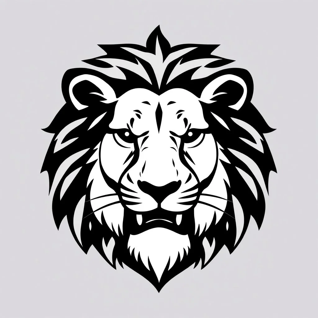 front facing lions face, black and white simplified vector logo