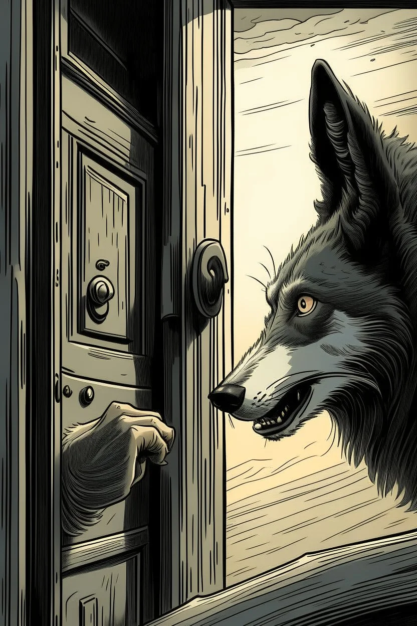 Digital drawing of a wolf hand ringing the doorbell, I want the wold point of view, so I want to see just his hand ringing the doorbell