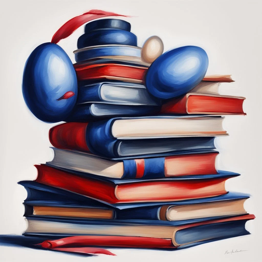 oil painting, in the style of Easter illustrations, midnight blue and red, stack of books with airbrush tape, white background only