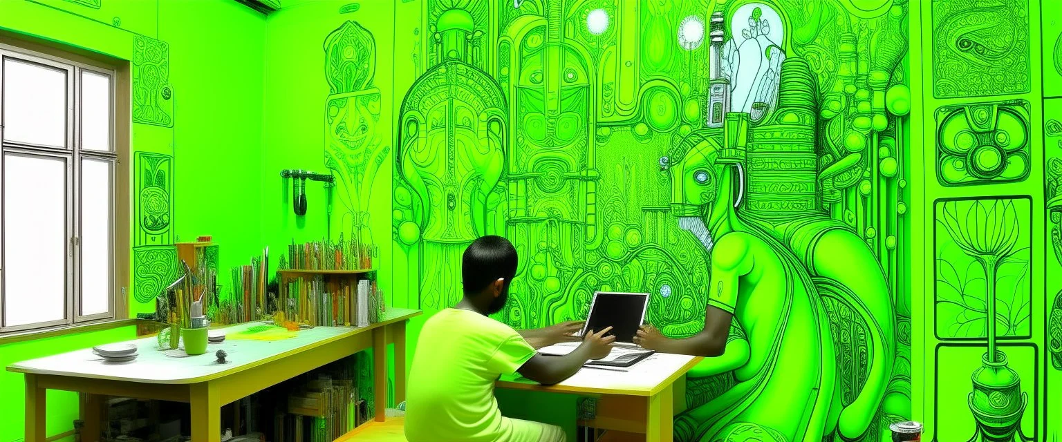 A lime green cybernetic workshop designed in Indian Gond art painted by Cai Jia
