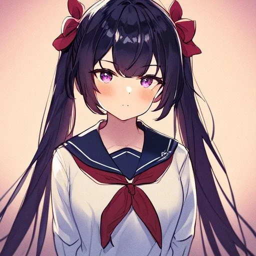 Clear focus, High resolution, rough line sketch, black long hair twintails behind back, purple eyes, wearing a sailor uniform with a red bow, fluffy bangs, 1girl