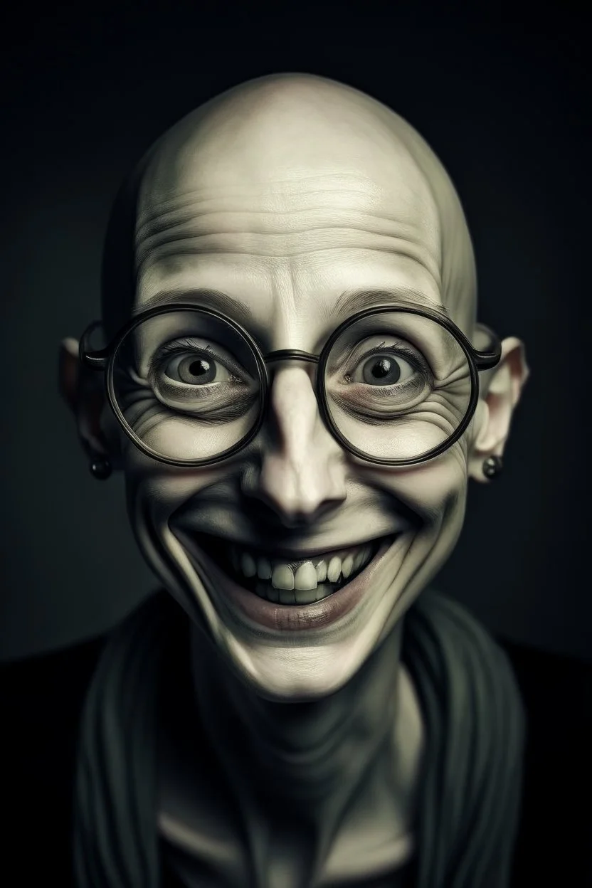 bald dark laugh woman Big eyes glasses