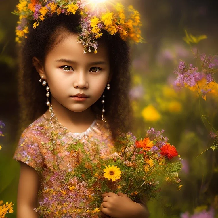 subtle indigenous child, beautiful portrait, flowery landscape, light, sun