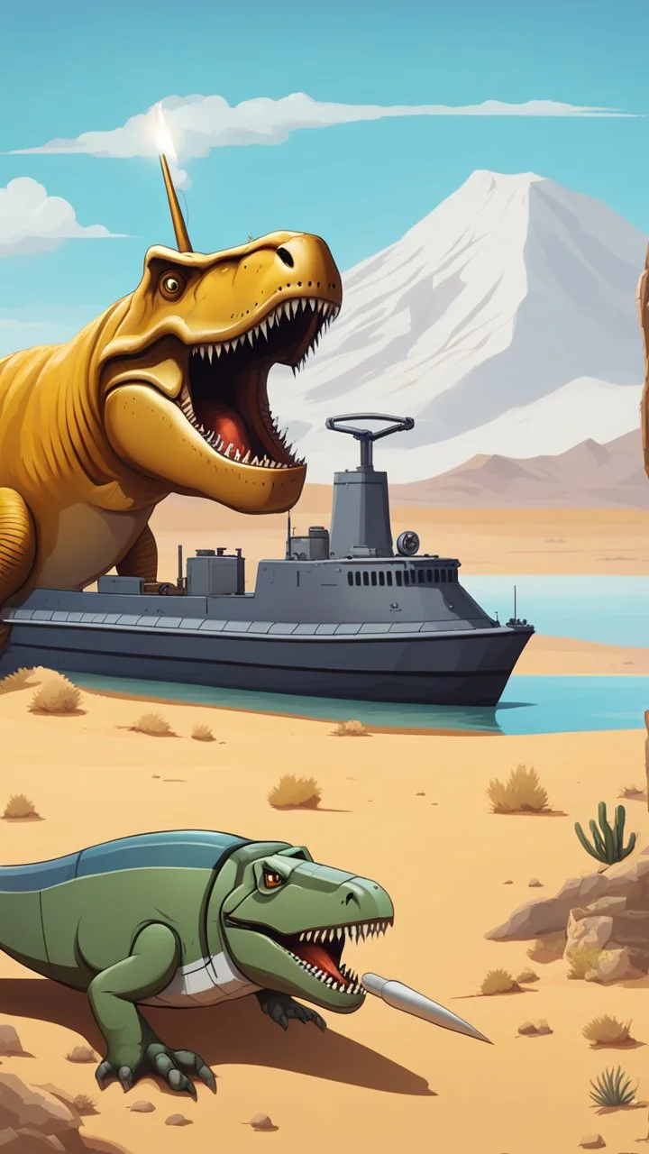 A nuclear submarine side view appeared in the desert on a little lake with sands T rex dinosaurs are in it and around it and stormy clouds , and some mountains in the distance background