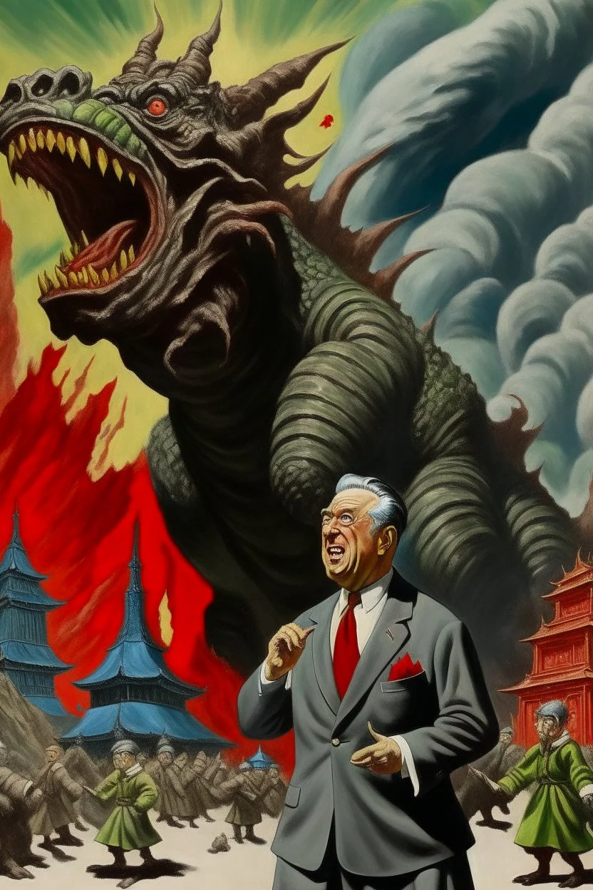 President Franklin D. Roosevelt painted as Godzilla destroying japan