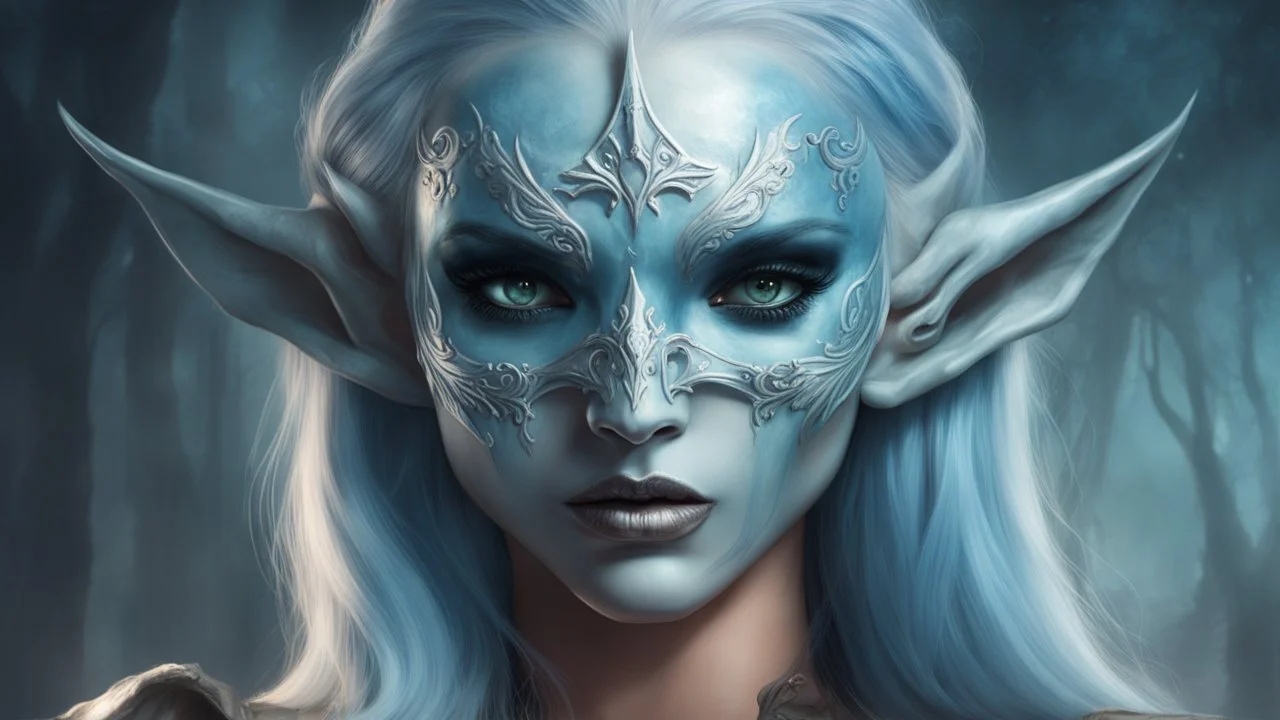 urban fantasy, woman, elf, skull mask, light-blue skin color