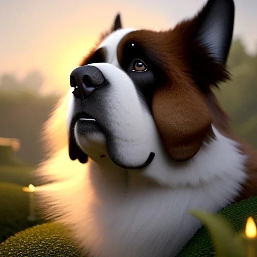 pixar style, volumetric summer garden environment and background, realistic painting of saint Bernard, looking excited, volumetric lighting, dramatic lighting, detailed digital painting, extreme dense and fine fur, anime, ornate, colour-washed colors, elegant, small minutiae, tiny features, particulars, centered, smooth, sharp focus, renderman gofur render, 8k, uhd, detailed eyes, realistic shaded volumetric lighting, sunlight caustics, backlight, centered camera view