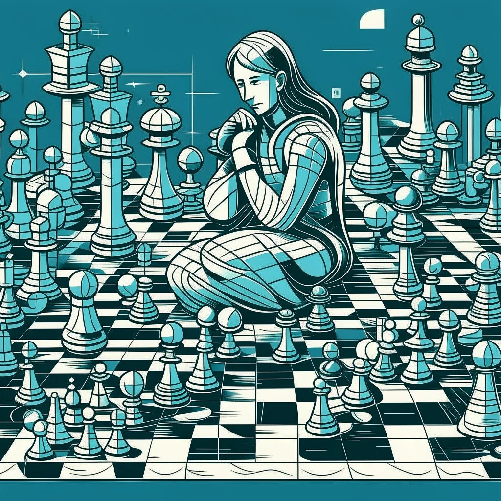 illustration of A digital artificial world of social media filled with chess pieces, each one representing a different strategy. a person thinking about the complex game of strategy.