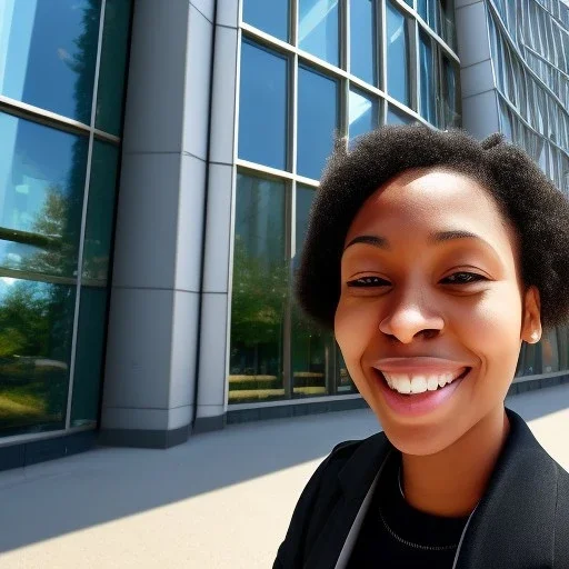 A short haired, black female software engineer taking a selfie in front of Building 92 at Microsoft in Redmond, Washington