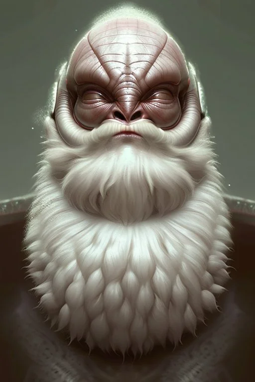 Alien Santa Claus, realistic shaded perfect face, fine details, very dark environment, misty atmosphere, closeup, fantasy, intricate, elegant, highly detailed, digital painting, artstation, concept art, matte, sharp focus, illustration,