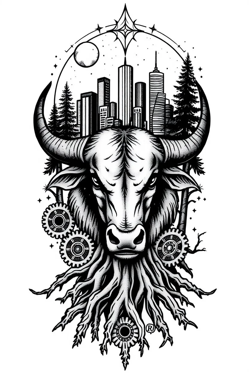 Design feminine tattoo: Taurus bull surrounded by roots and trees, with gears and the Detroit skyline in the background, combining earthy elements with industrial details. Black and gray shading with geometric accents and a celestial theme