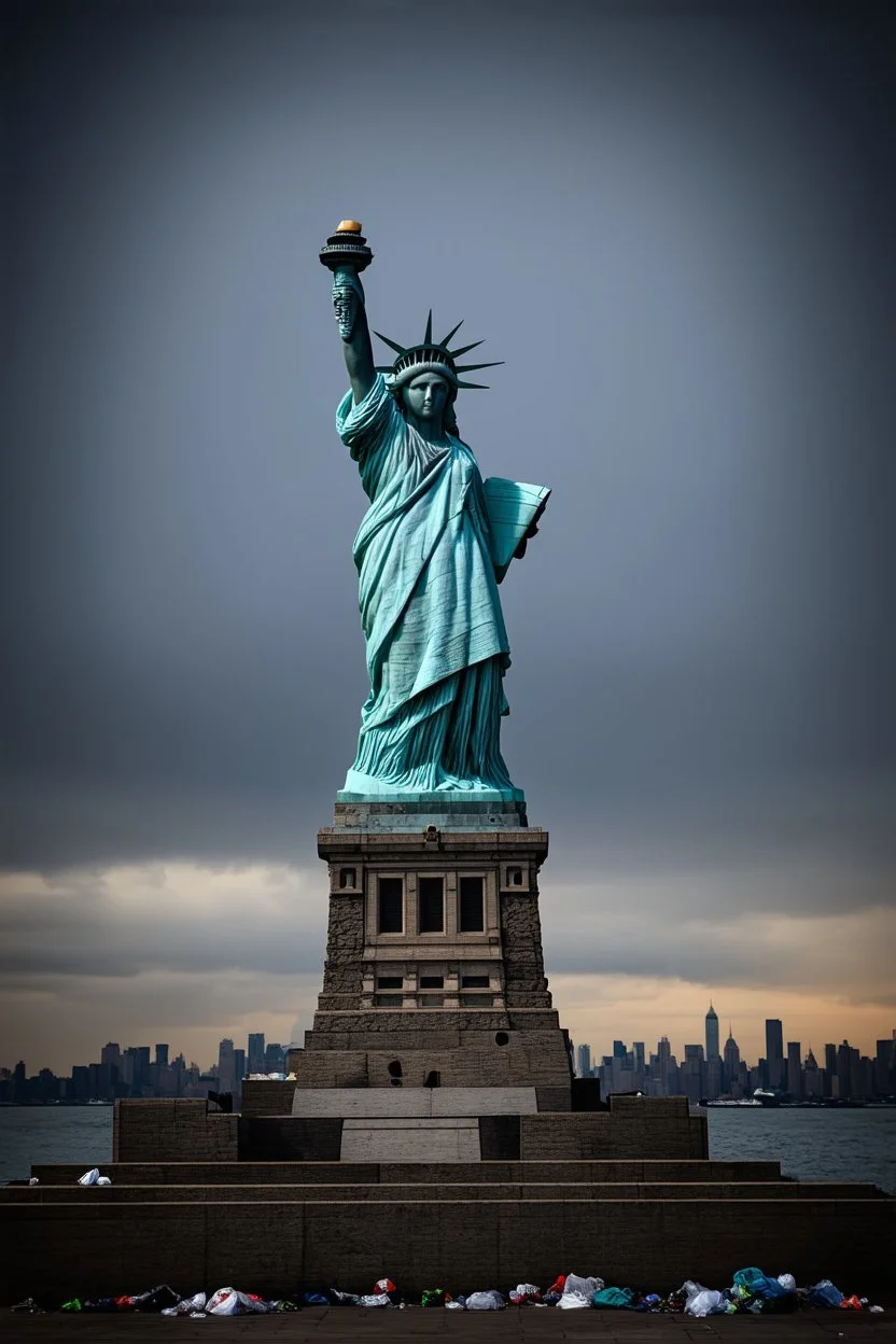 the statue of liberty, dress tattered an torn, her face solemn and terse, trash littered at her feet, the skyline dark and grungy