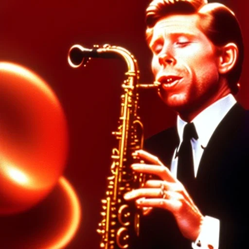 eyes closed REd-haired ron howard as richie from happy days Is playing the saxophone with his "eyes closed", rock band, looking at camera