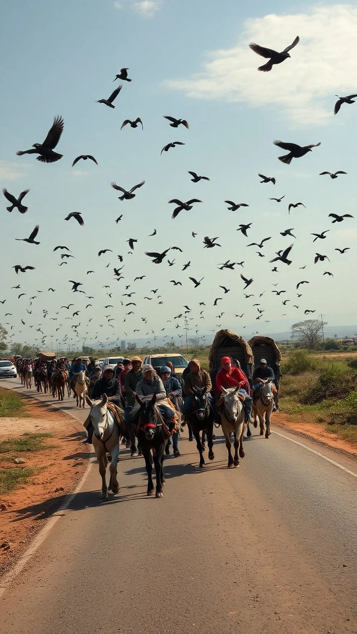 ‏قافله من المهاجرين في الطريق مع عرباتهم وحميرهم وفي السماء طيور سوداء تطير في السماء