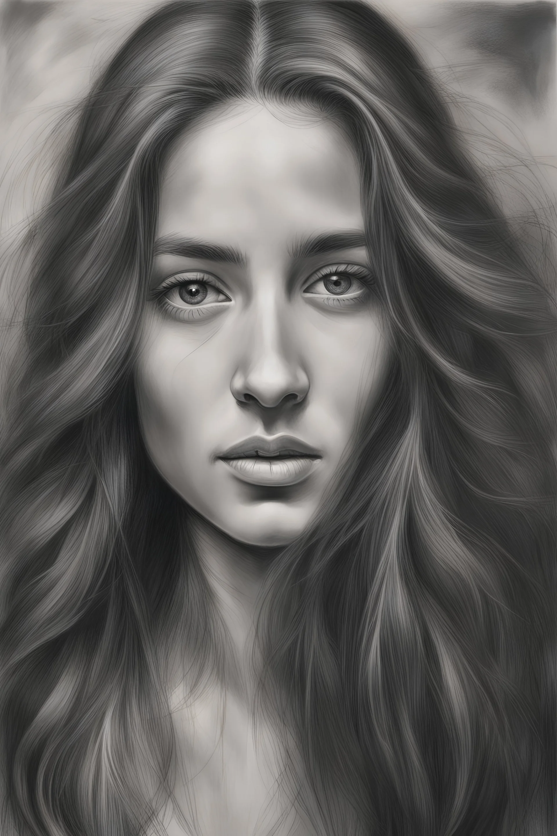The image is a black and white charcoal painting of a woman with long hair. The artist has skillfully captured the woman's features, including her eyes, nose, and mouth, as well as her hair and clothing. The painting is a close-up of the woman's face, focusing on her expression and the intricate details of her features. The charcoal medium adds a sense of depth and texture to the portrait, emphasizing the artist's talent in creating a lifelike representation of the subject.