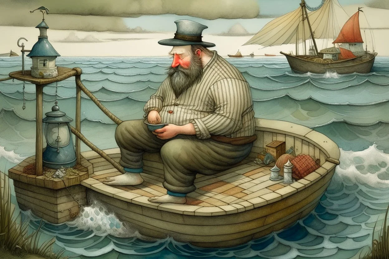 A fat man wearing a hat, is in a bath tub, by a light house, by andrea kowch, holding a umbrella, inspired by andrew wyeth. A rustic harbour, with ships docked is nearby. The Beach is covered with sea shells, crabs and lobsters.There are rain clouds and everything looks as if done in watercolors victo ngai, matisse, monet, catrin welz-stein, vladi