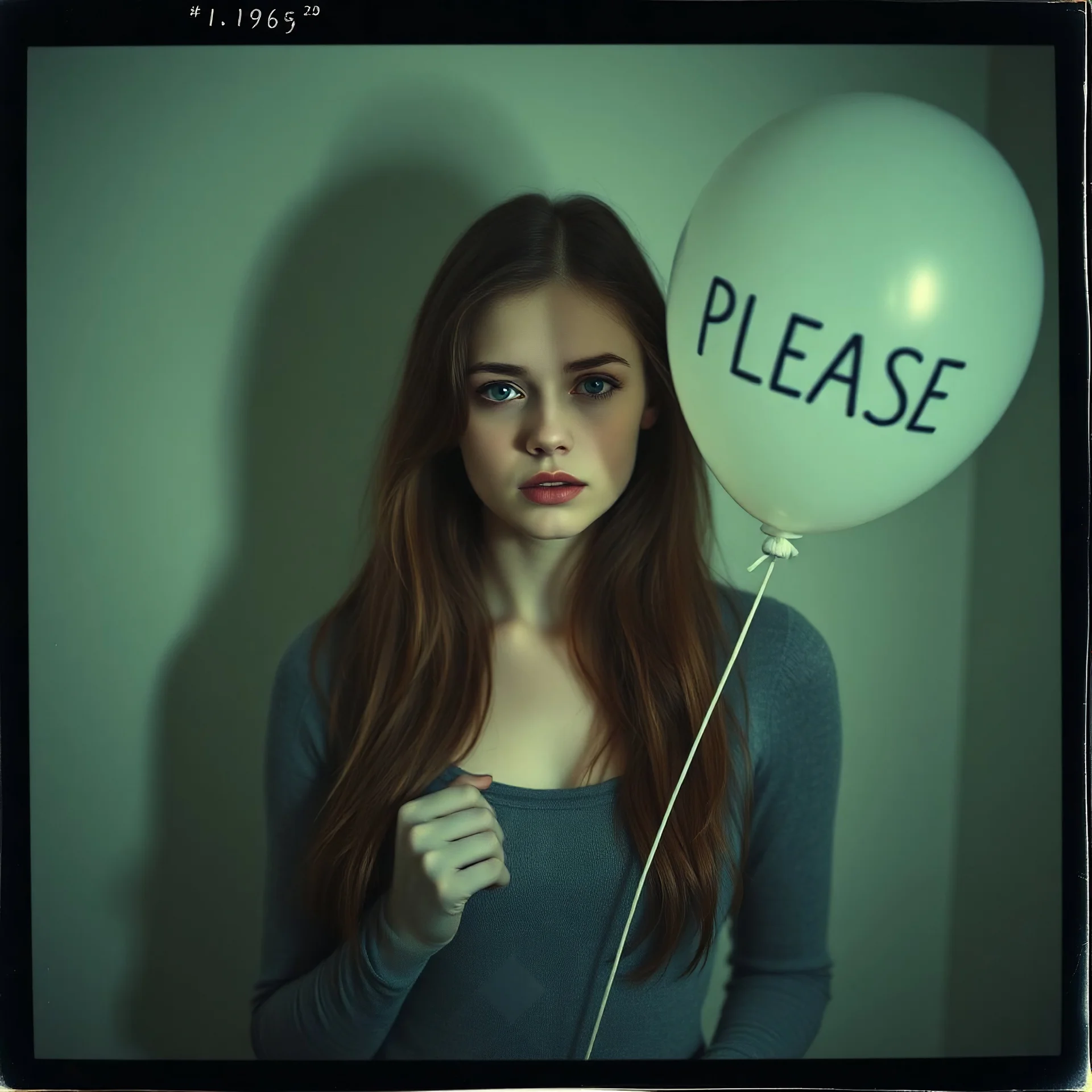 a young sad woman who looks like Elle Fanning, holding a balloon where is it written "PLEASE", surreal, liminal atmosphere, polaroid